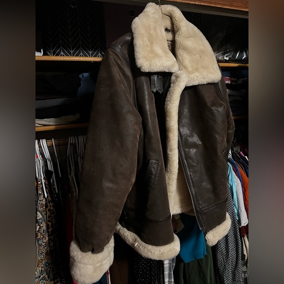 Vintage St. John's Bay Brown Leather Aviator Pilot Jacket with Sherpa Trim Smal - Picture 2 of 13